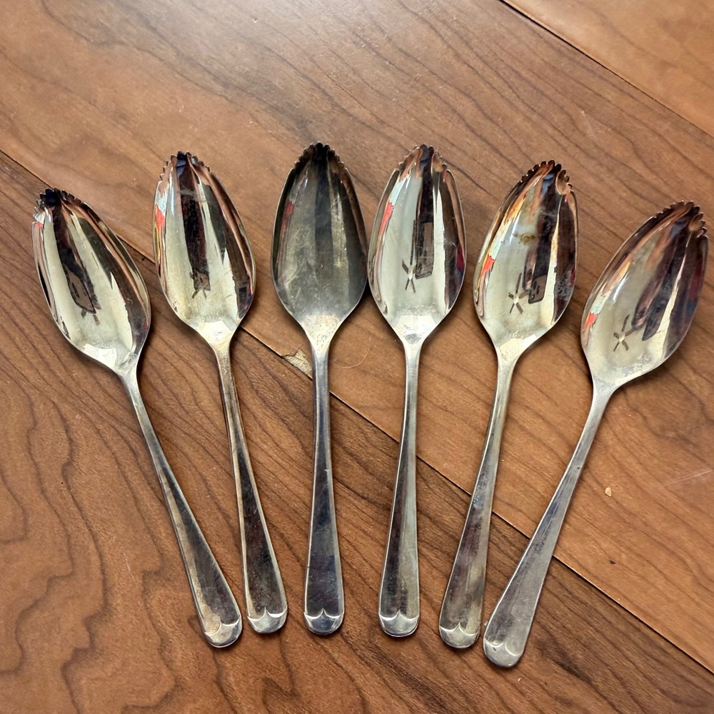 Vintage EPNS Sheffield England Grapefruit Spoons Set of 6 Serrated Silver Plate